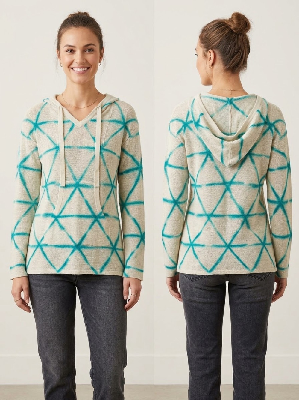 Parker blue cashmere,Cozy Cream Hoodie with Teal Geometric Print size XS,